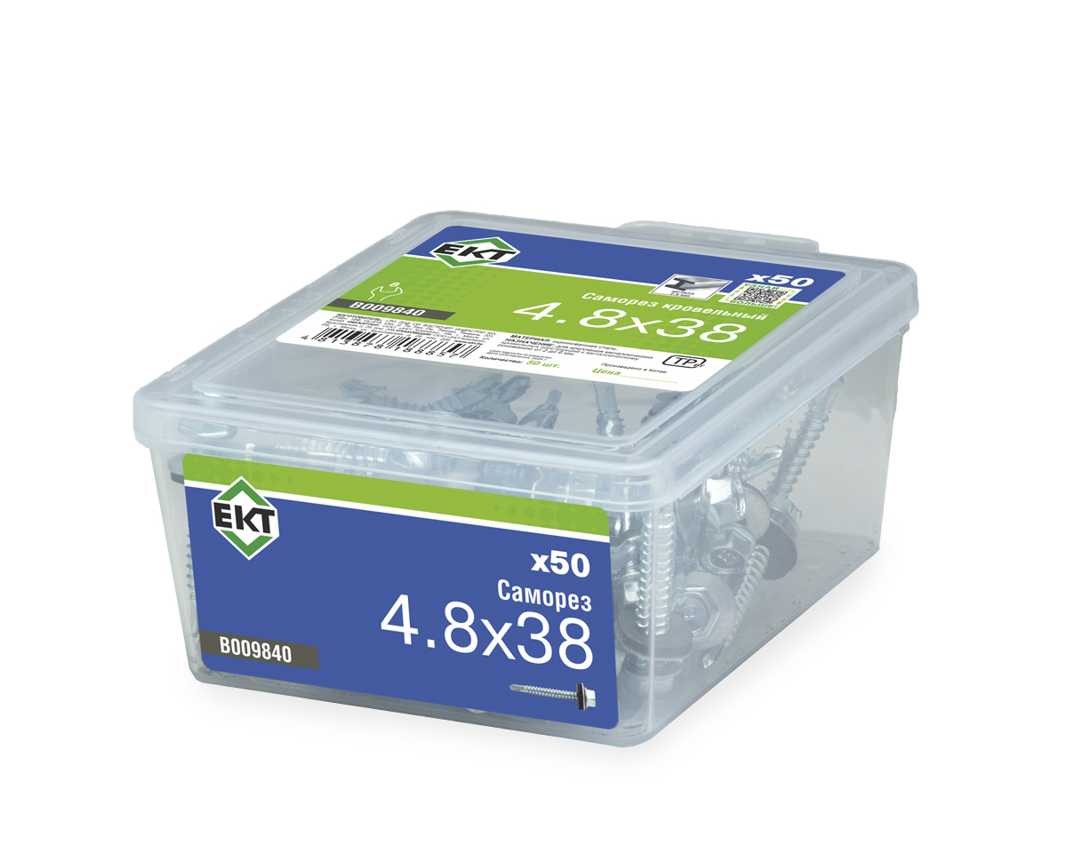 Саморез кровельный 4.8x38 сверло PT3, цинк, с резиновой прокладкой, ЕКТ (пласт.конт./50шт)