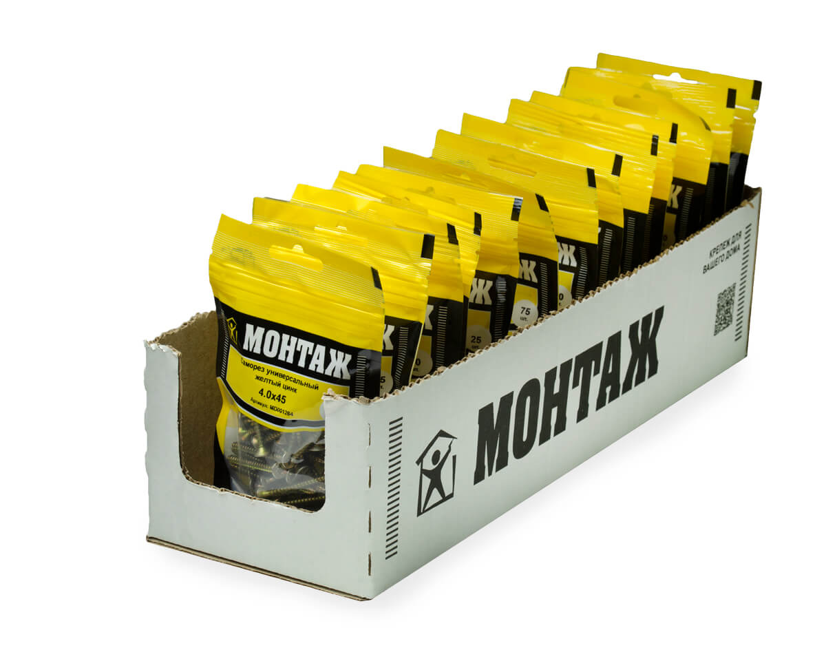 Саморез универсальный 4.0x45, желтый цинк, дой-пак S, МОНТАЖ (пакет/50шт)