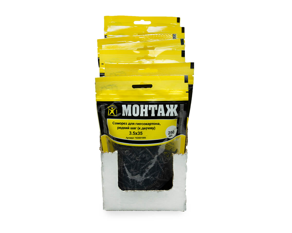 Саморез для гипсокартона 3.5x35, редкий шаг (к дереву), фосфат, дой-пак M, МОНТАЖ (пакет/250шт)