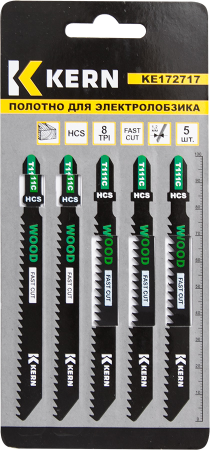 Полотно для электролобзика по дер, прям.груб.рез, 100мм, 8TPI, 4-55мм, T111C KERN (упак/5шт)