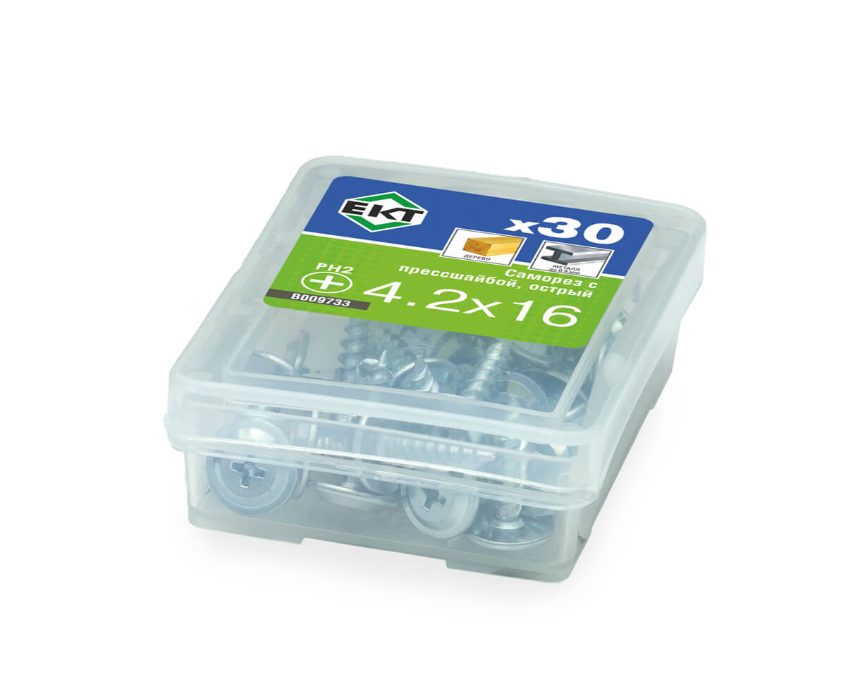 Саморез с прессшайбой, 4.2x16 острый, цинк, ЕКТ (упак/30шт)