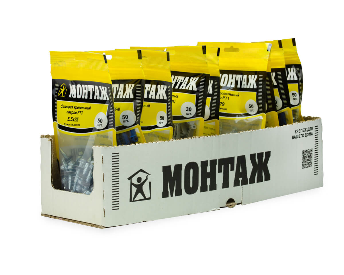 Саморез кровельный с резин. прокл. 5.5х25, сверло PT3, оцинк., дой-пак M, МОНТАЖ (упак/50шт)
