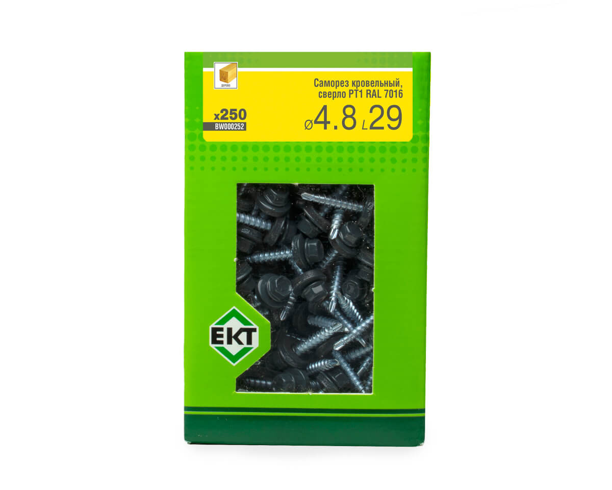 Саморез кровельный с резин. прокл. 4.8х29 сверло PT1, RAL 7016, в коробке с окном, ЕКТ (упак/250шт)