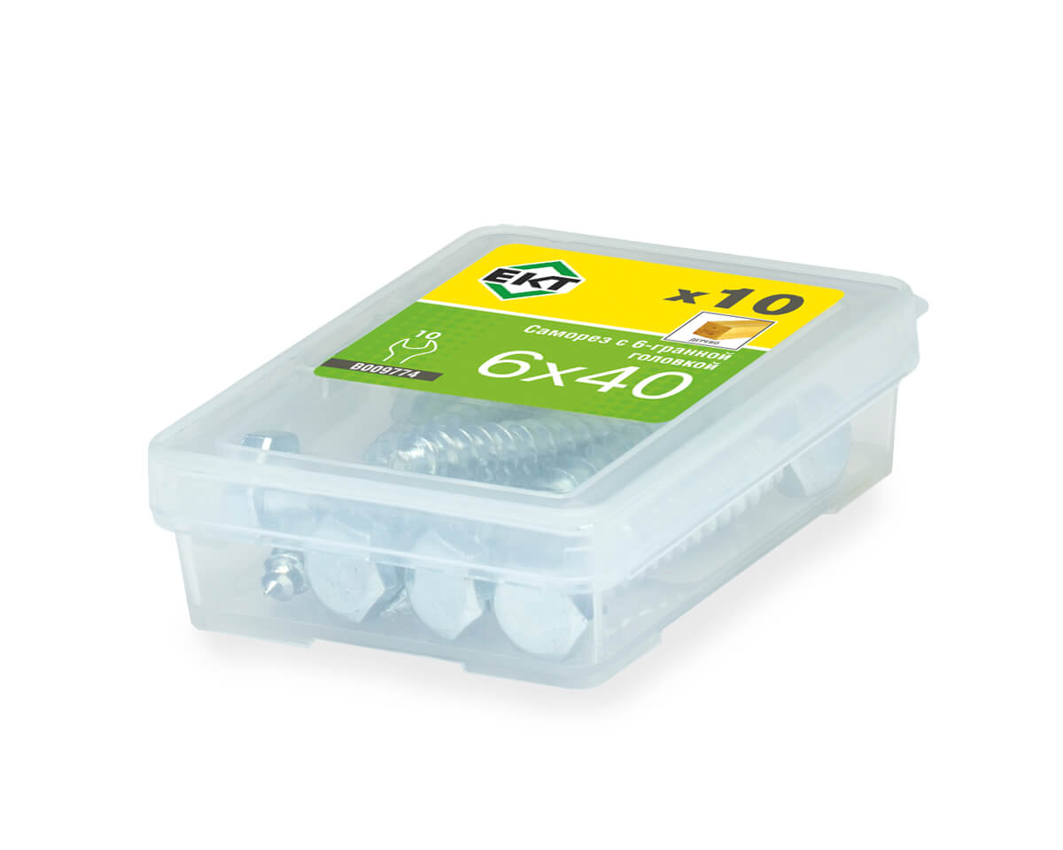 Саморез с 6-гранной головкой, 6.0x40 острый, цинк, ЕКТ (упак/10шт)