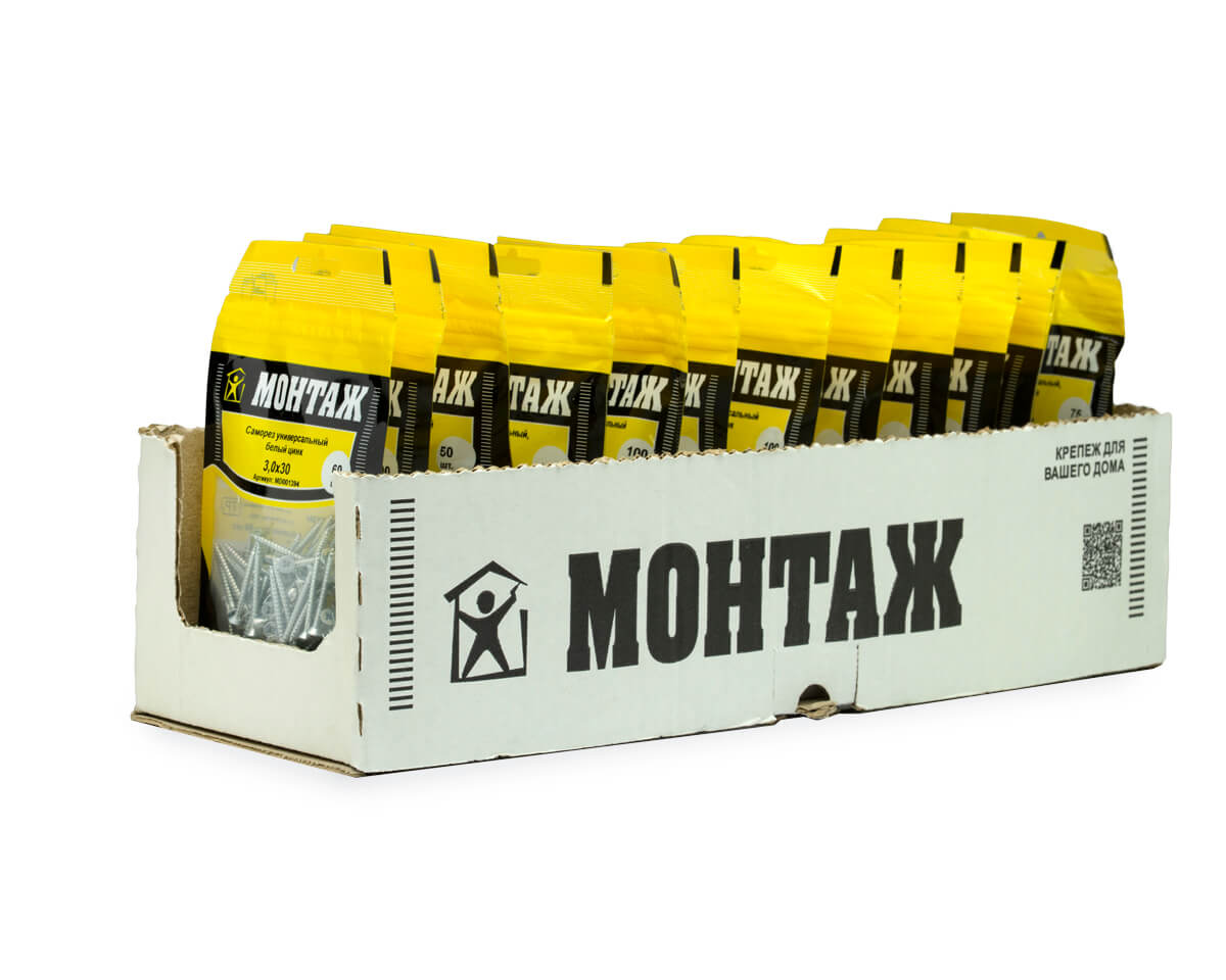 Саморез универсальный 3.0x30, белый цинк, дой-пак S, МОНТАЖ (пакет/60шт)