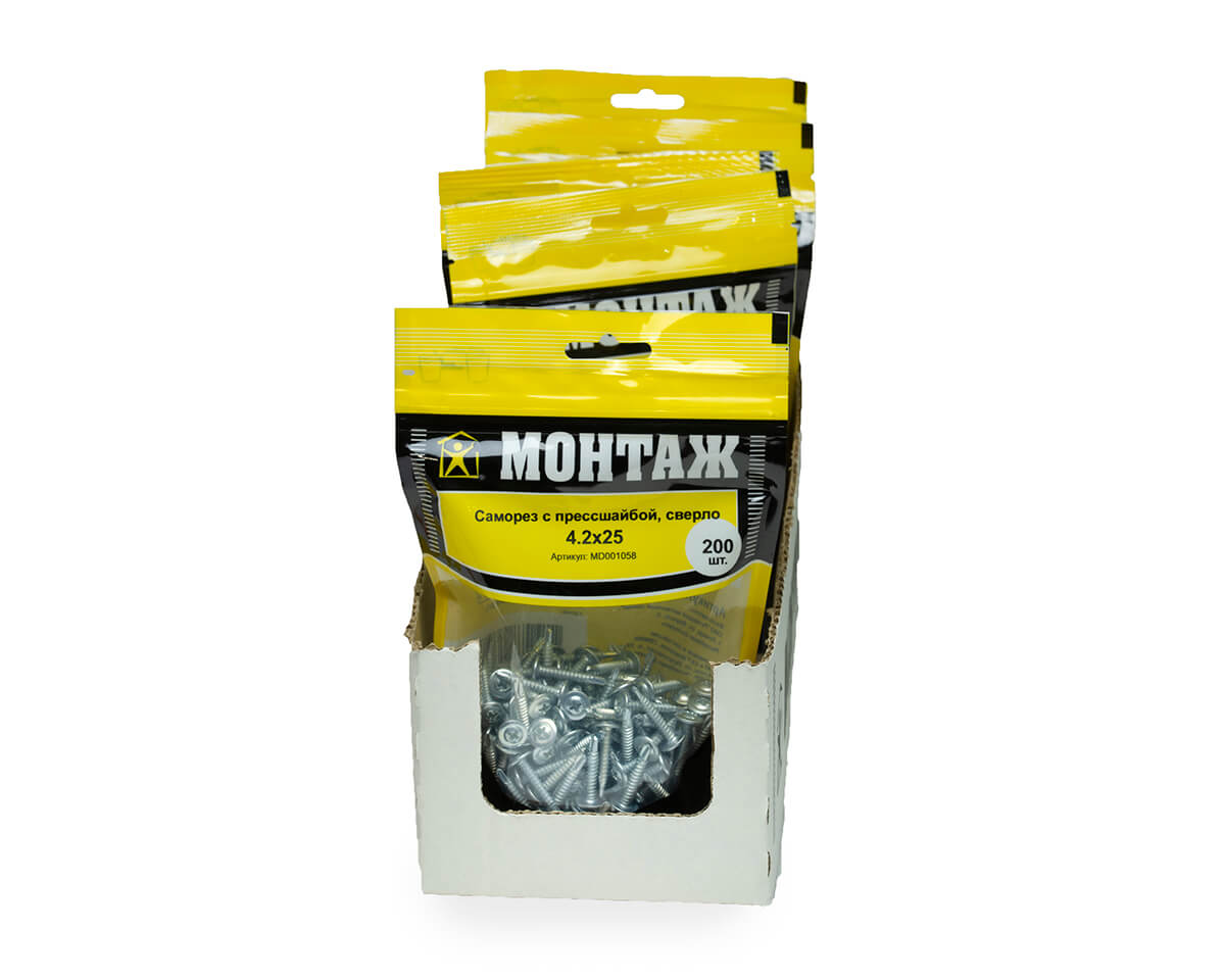 Саморез с прессшайбой 4.2x25, сверло, цинк, дой-пак M, МОНТАЖ (пакет/200шт)