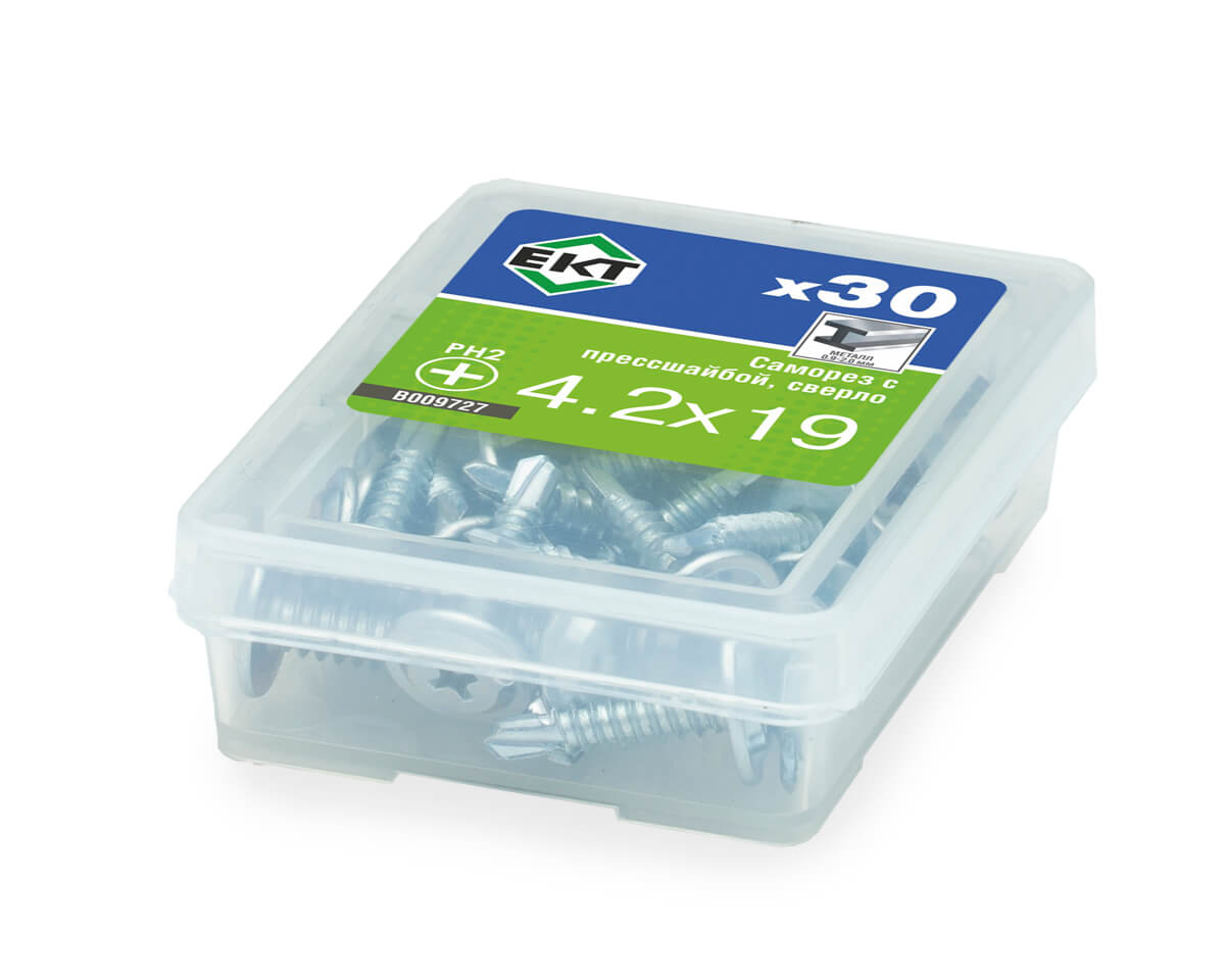 Саморез с прессшайбой, 4.2x19 сверло, цинк, ЕКТ (упак/30шт)