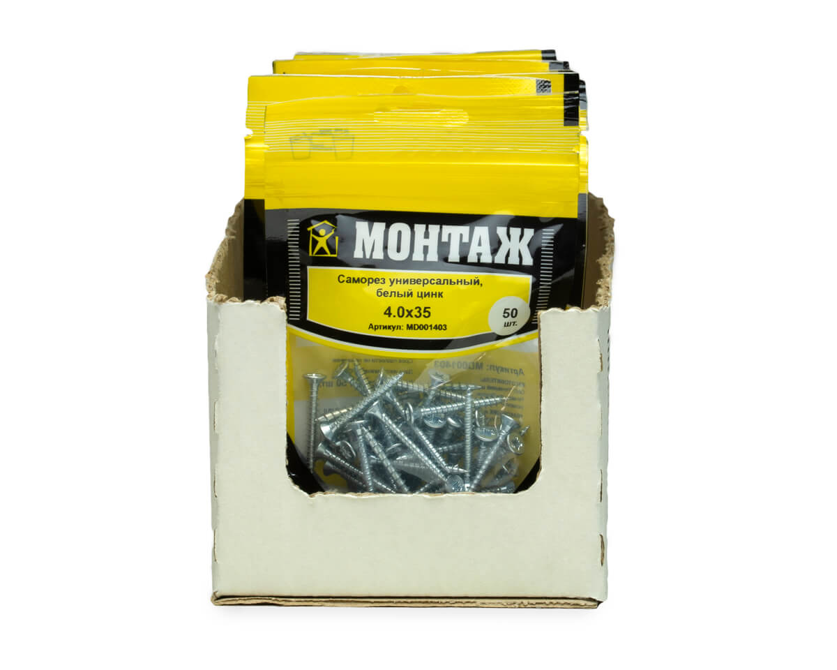 Саморез универсальный 4.0x35, белый цинк, дой-пак S, МОНТАЖ (пакет/50шт)