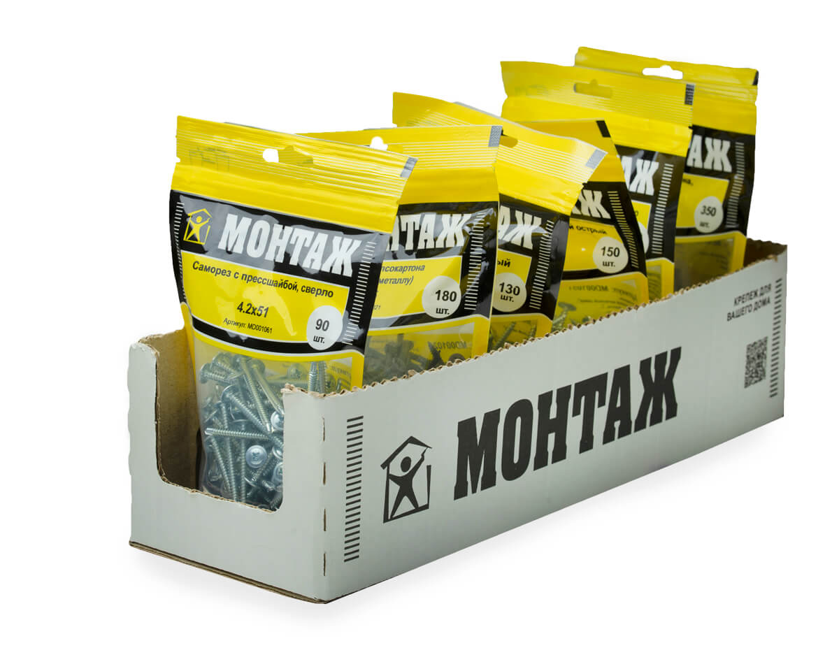Саморез с прессшайбой 4.2x51, сверло, цинк, дой-пак M, МОНТАЖ (пакет/90шт)