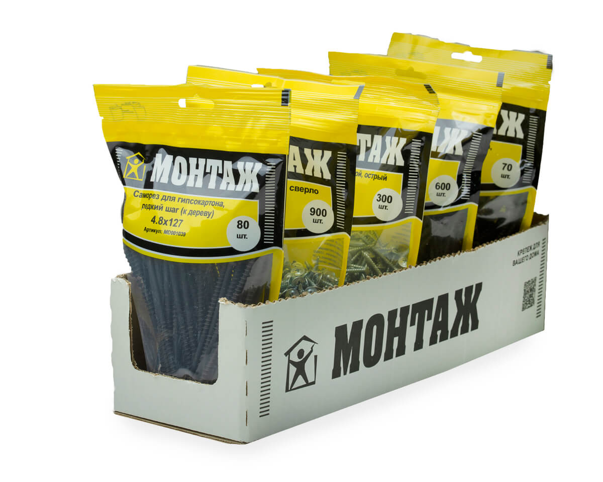 Саморез для гипсокартона 4.8x127, редкий шаг (к дереву), фосфат, дой-пак L, МОНТАЖ (пакет/80шт)