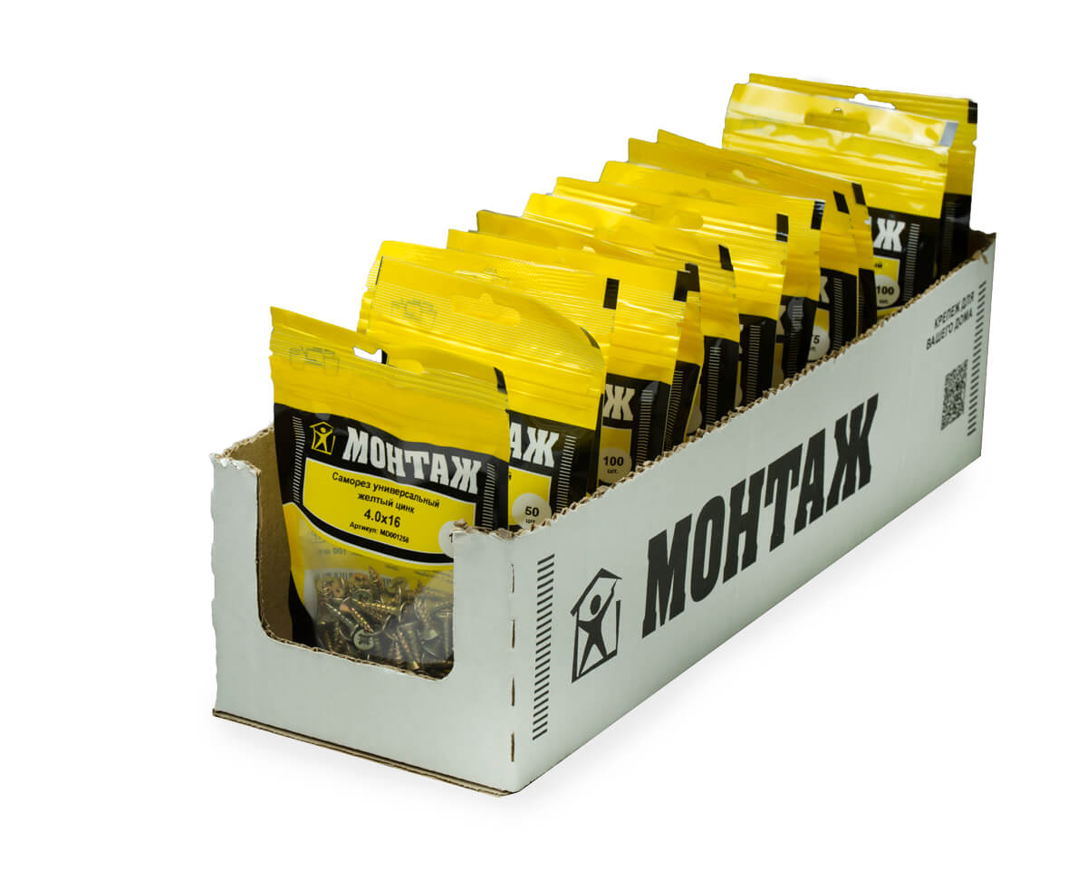 Саморез универсальный 4.0x16, желтый цинк, дой-пак S, МОНТАЖ (пакет/100шт)