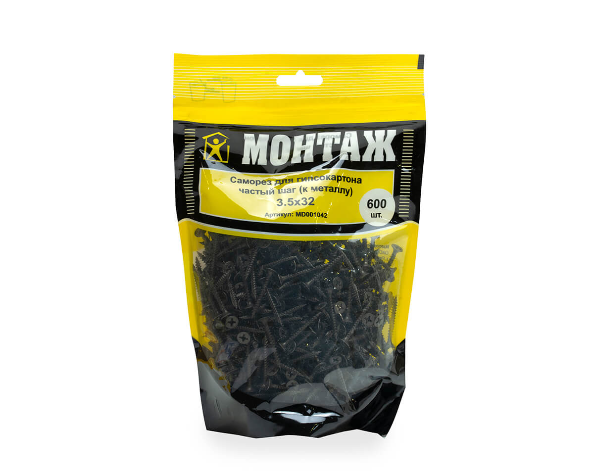 Саморез для гипсокартона 3.5x32, частый шаг (к металлу), фосфат, дой-пак L, МОНТАЖ (пакет/600шт)