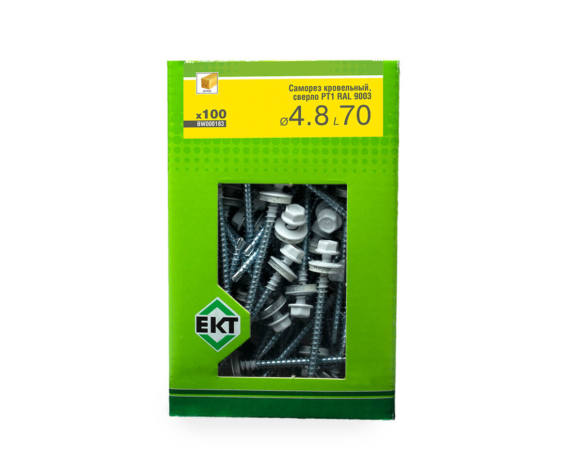 Саморез кровельный с резин. прокл. 4.8x70, сверло PT1, RAL9003, в коробке с окном, ЕКТ (упак/100шт)