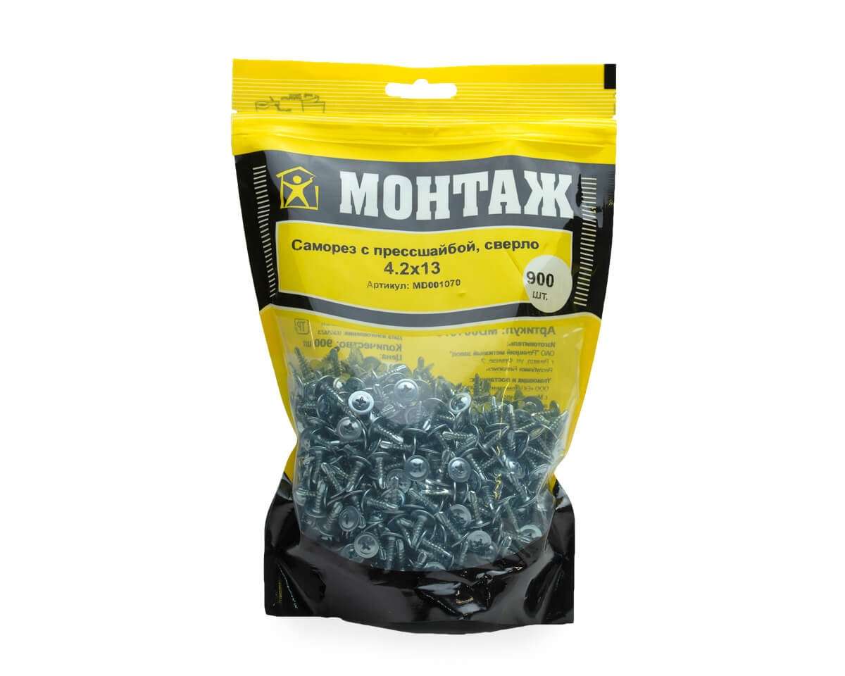 Саморез с прессшайбой 4.2x13, сверло, цинк, дой-пак L, МОНТАЖ (пакет/900шт)