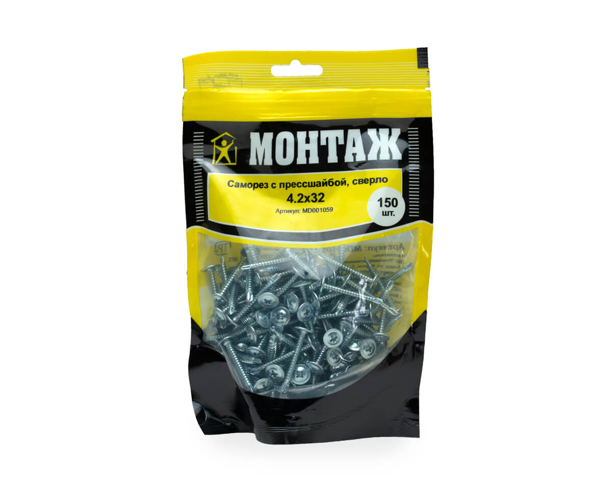 Саморез с прессшайбой 4.2x32, сверло, цинк, дой-пак M, МОНТАЖ (пакет/150шт)