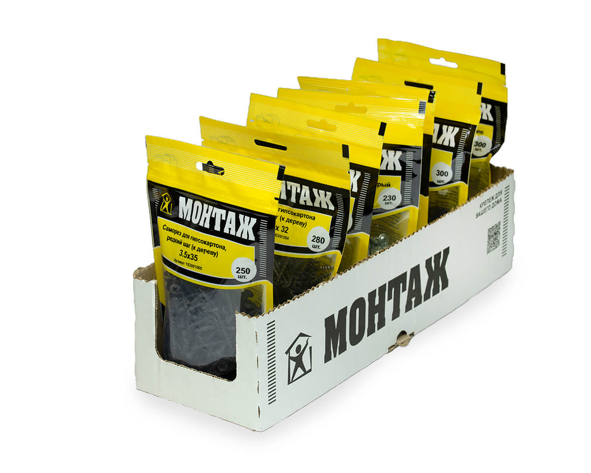 Саморез для гипсокартона 3.5x35, редкий шаг (к дереву), фосфат, дой-пак M, МОНТАЖ (пакет/250шт)