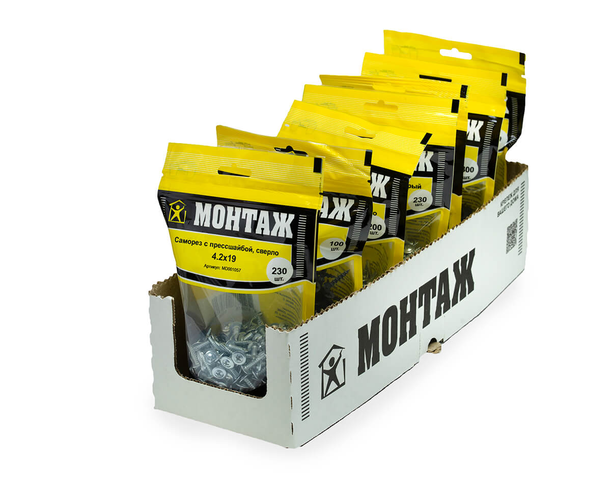 Саморез с прессшайбой 4.2x19, сверло, цинк, дой-пак M, МОНТАЖ (пакет/230шт)