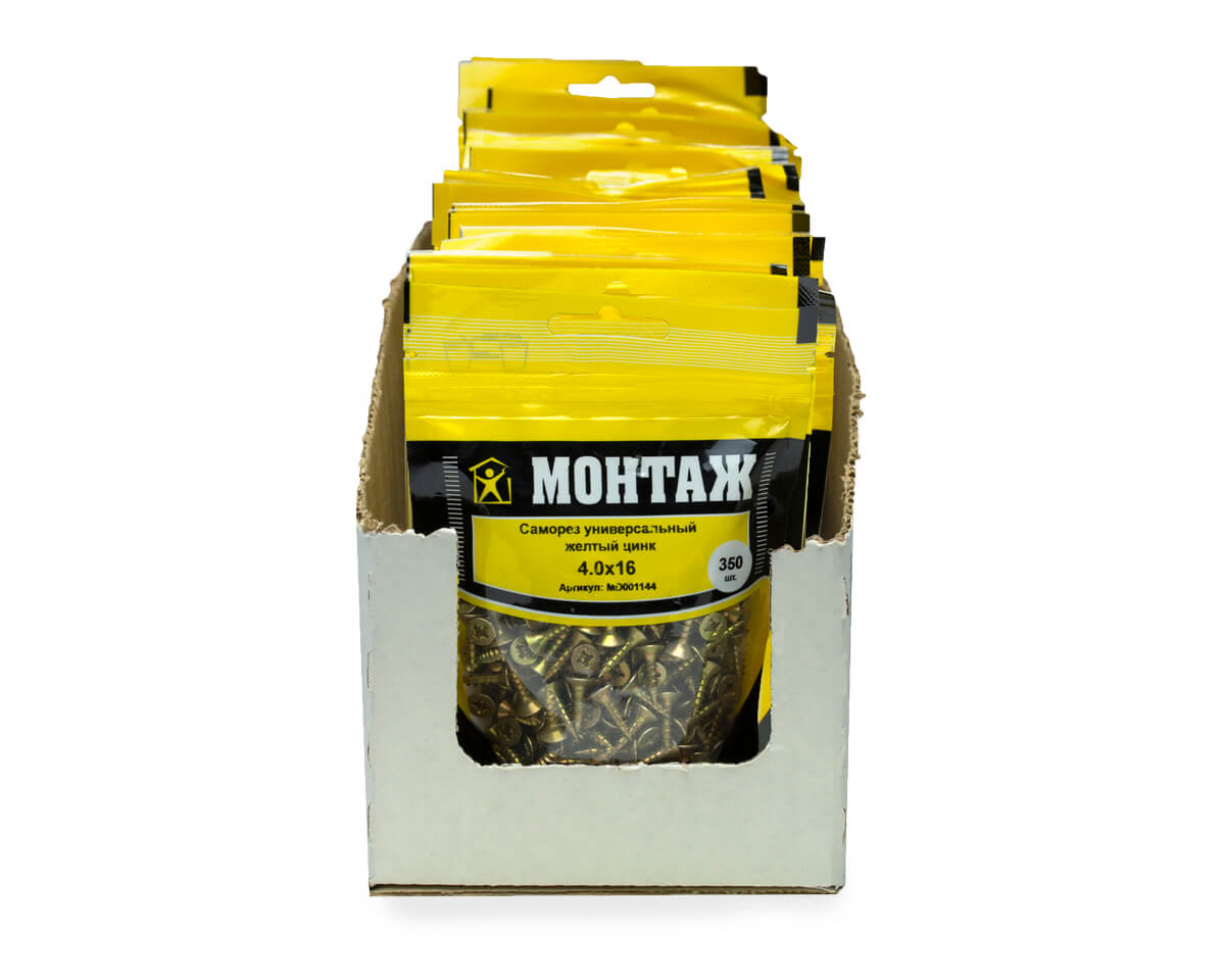 Саморез универсальный 4.0x16, желтый цинк, дой-пак S, МОНТАЖ (пакет/350шт)