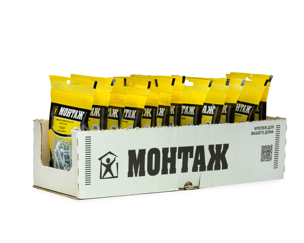 Саморез универсальный 4.0x35, белый цинк, дой-пак S, МОНТАЖ (пакет/50шт)