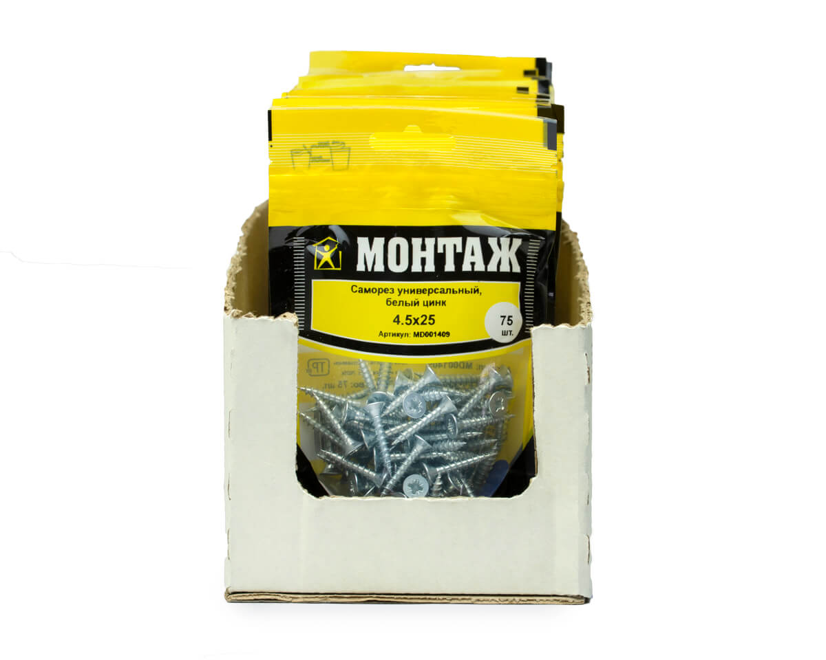 Саморез универсальный 4.5x25, белый цинк, дой-пак S, МОНТАЖ (пакет/75шт)