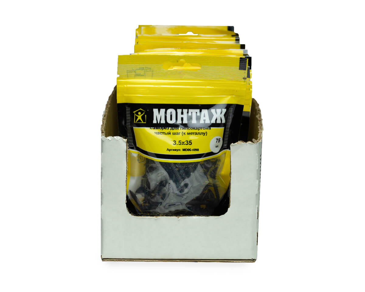 Саморез для гипсокартона 3.5x35, частый шаг (к металлу), фосфат, дой-пак S, МОНТАЖ (пакет/75шт)