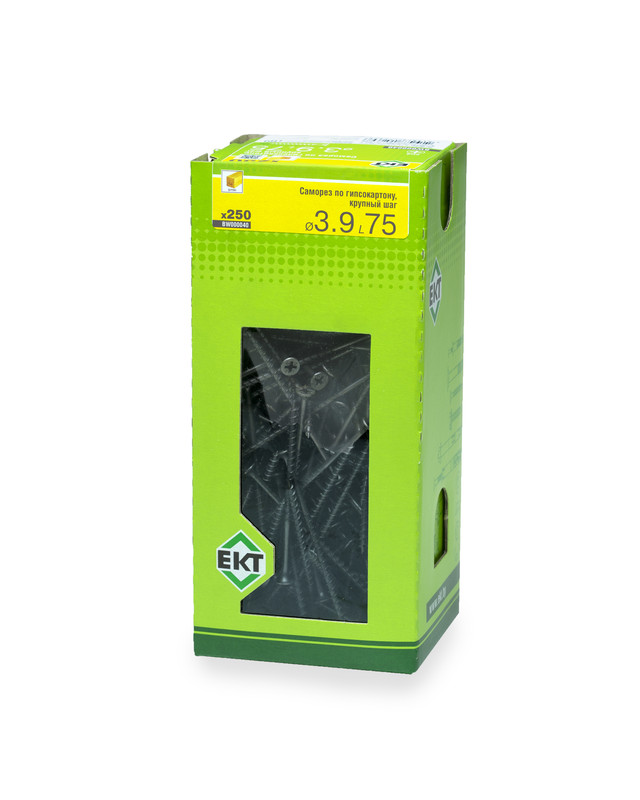 Саморез по ГК 3.9х75 крупный шаг (к дереву), фосфат., в коробке с окном, ЕКТ (упак/250шт)