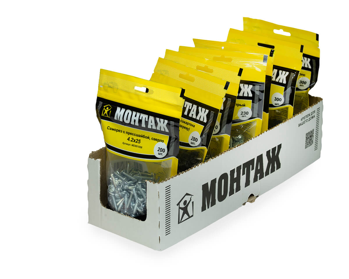 Саморез с прессшайбой 4.2x25, сверло, цинк, дой-пак M, МОНТАЖ (пакет/200шт)