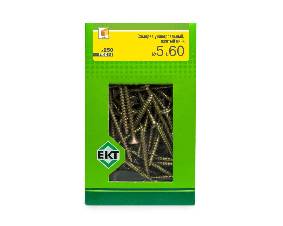 Саморез универсальный 5.0х60, желтый цинк, в коробке с окном, ЕКТ (упак/250шт)