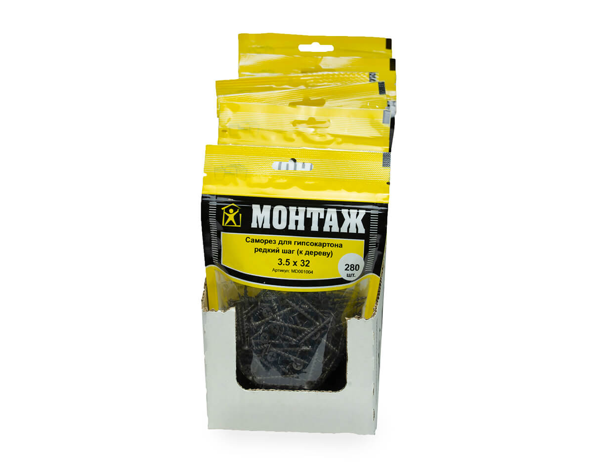 Саморез для гипсокартона 3.5x32, редкий шаг (к дереву), фосфат, дой-пак M, МОНТАЖ (пакет/280шт)