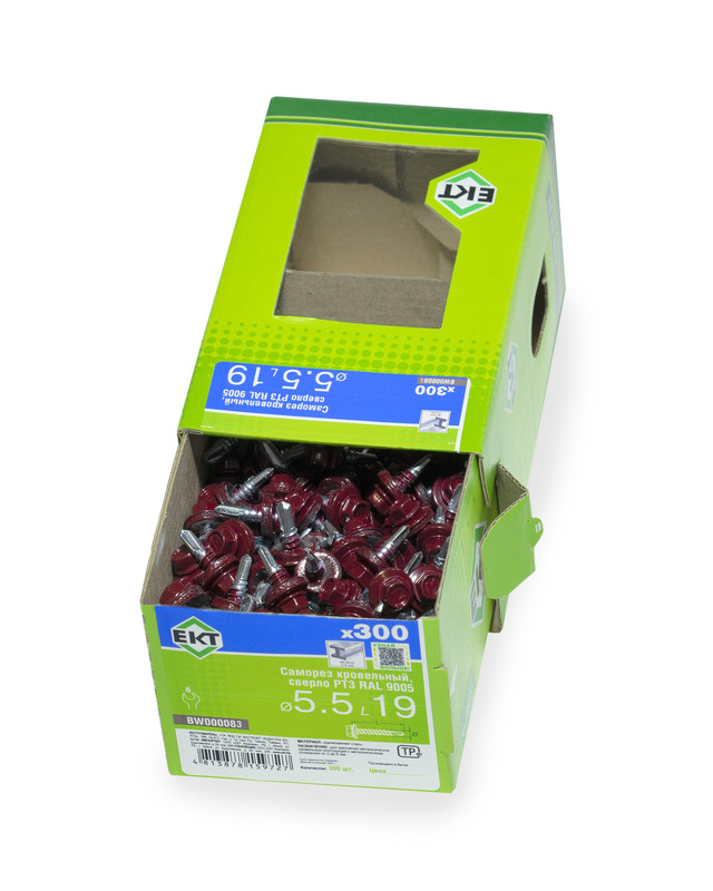 Саморез кровельный с резин. прокл. 5.5х19 сверло PT3, RAL 3005, в коробке с окном, ЕКТ (упак/300шт)