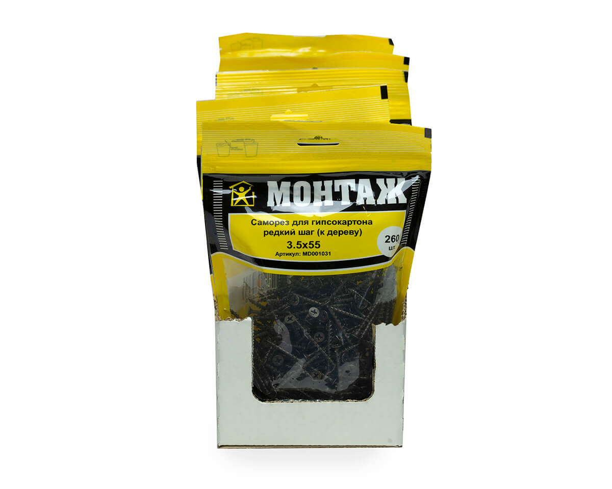 Саморез для гипсокартона 3.5x55, редкий шаг (к дереву), фосфат, дой-пак L, МОНТАЖ (пакет/260шт)