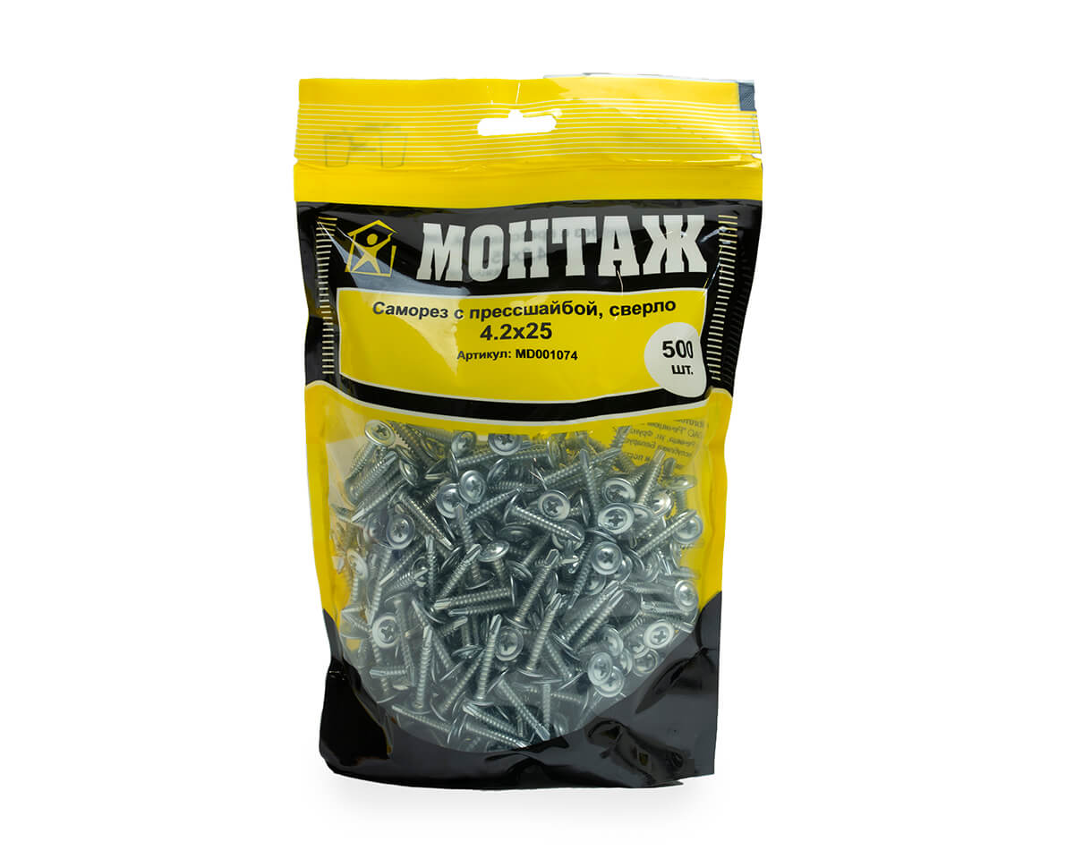 Саморез с прессшайбой 4.2x25, сверло, цинк, дой-пак L, МОНТАЖ (пакет/500шт)
