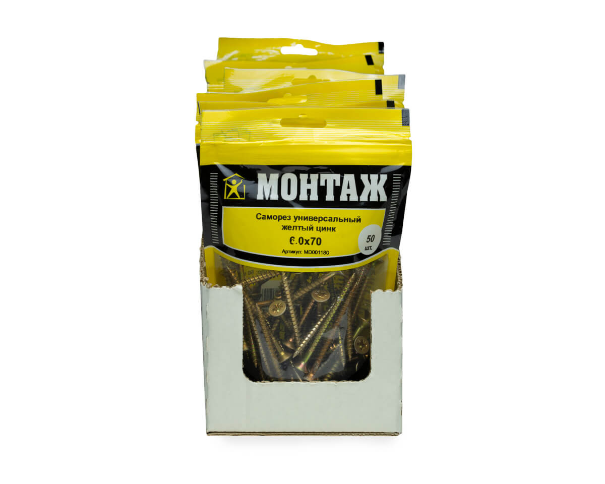 Саморез универсальный 6.0x70, желтый цинк, дой-пак M, МОНТАЖ (пакет/50шт)