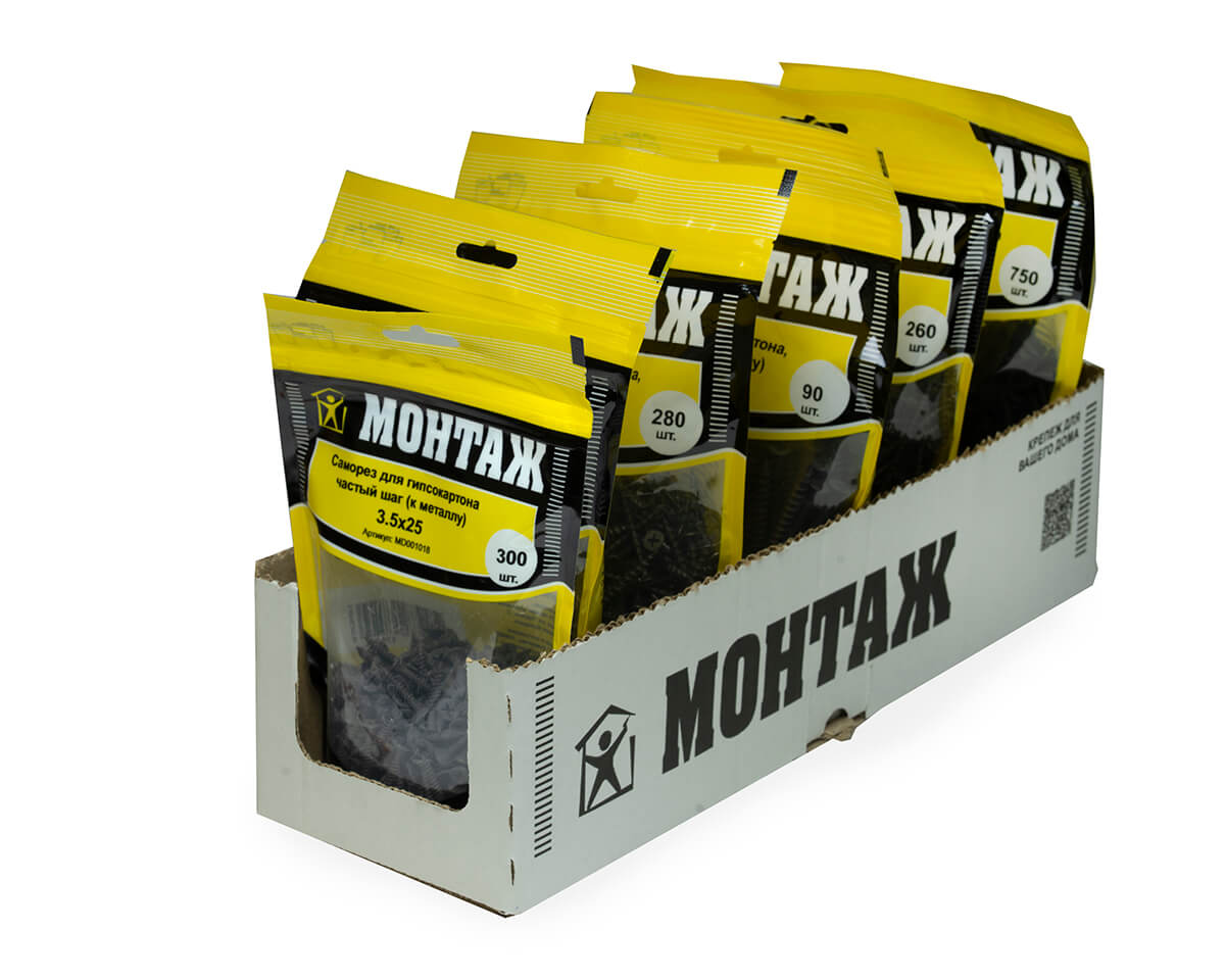 Саморез для гипсокартона 3.5x25, частый шаг (к металлу), фосфат, дой-пак M, МОНТАЖ (пакет/300шт)