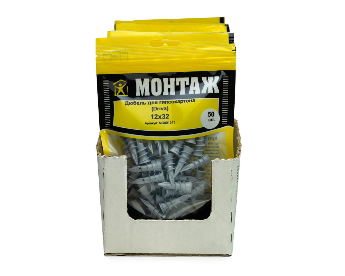Дюбель для гипсокартона 12x32 Driva 01S-пластм., дой-пак M, МОНТАЖ (пакет/50шт)