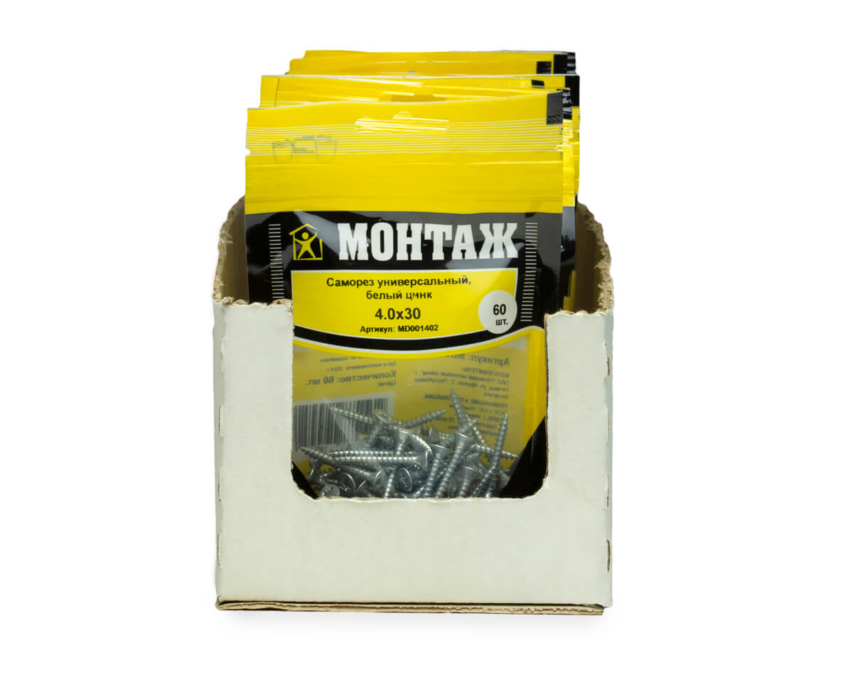 Саморез универсальный 4.0x30, белый цинк, дой-пак S, МОНТАЖ (пакет/60шт)