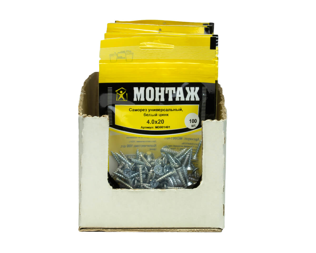 Саморез универсальный 4.0x20, белый цинк, дой-пак S, МОНТАЖ (пакет/100шт)