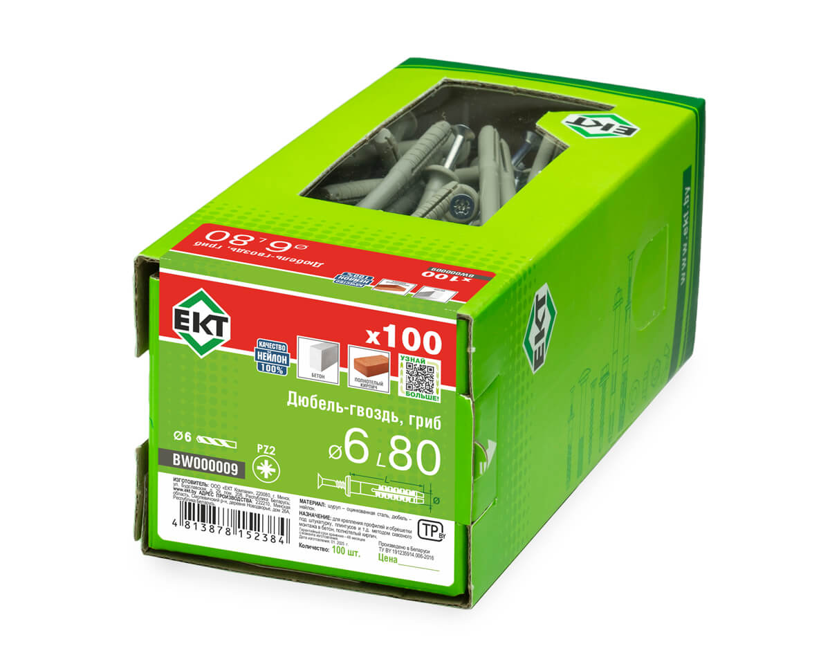 Дюбель-гвоздь GL, 6x80 гриб, нейлон, ЕКТ (кор. с окном/100шт)