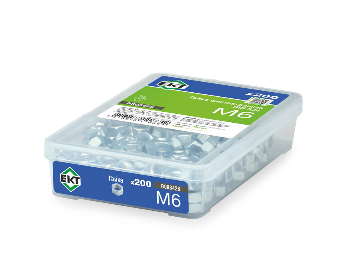 Гайка М6, цинк, прочн. 6 DIN 934 в пласт. контейнере (упак/200шт)