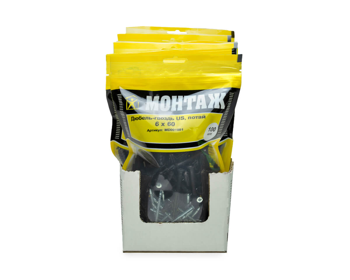 Дюбель-гвоздь US, 6x60 потай, п/в, МОНТАЖ (дой-пак L/100шт)