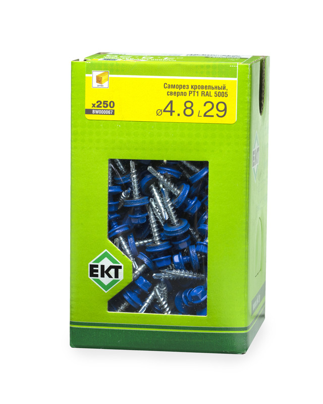 Саморез кровельный с резин. прокл. 4.8х29 сверло PT1, RAL 5005, в коробке с окном, ЕКТ (упак/250шт)