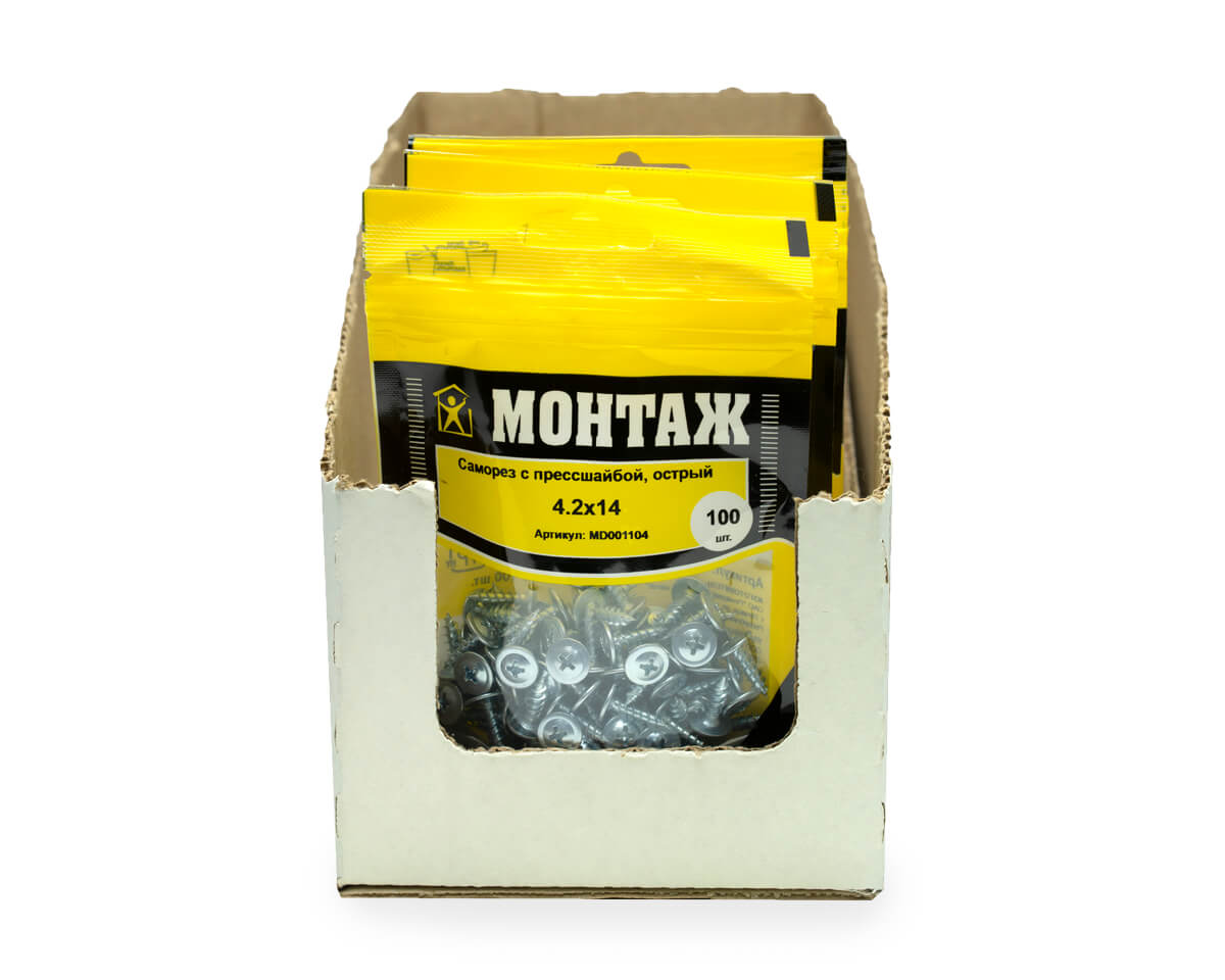 Саморез с прессшайбой 4.2x14, острый, цинк, дой-пак S, МОНТАЖ (пакет/100шт)