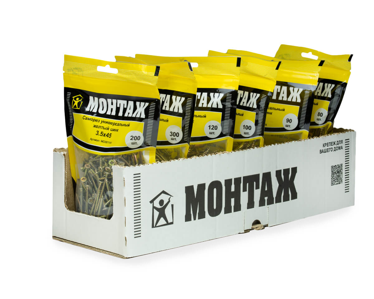 Саморез универсальный 3.5x45, желтый цинк, дой-пак M, МОНТАЖ (пакет/200шт)