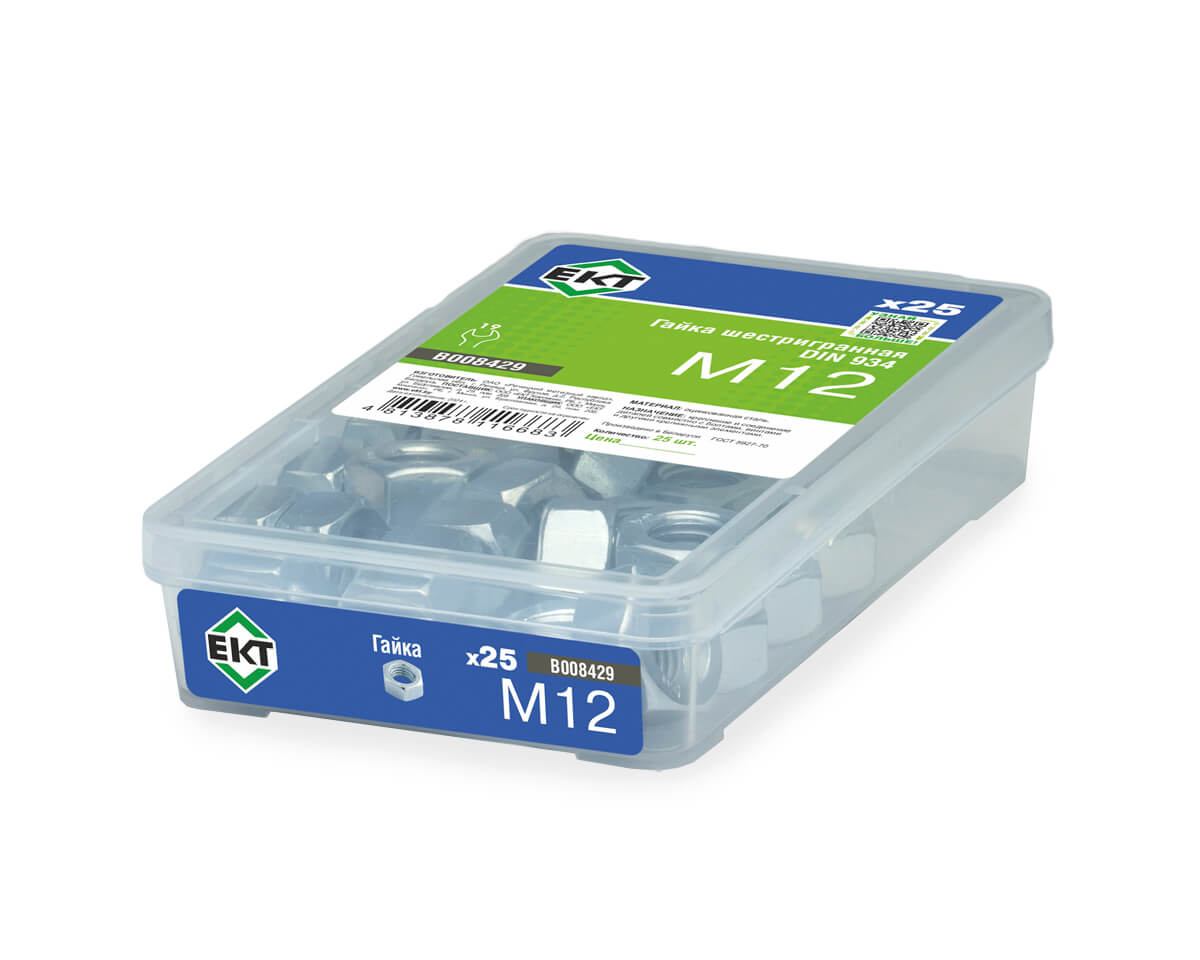 Гайка М12, цинк, прочн. 6 DIN 934 в пласт. контейнере (упак/25шт)