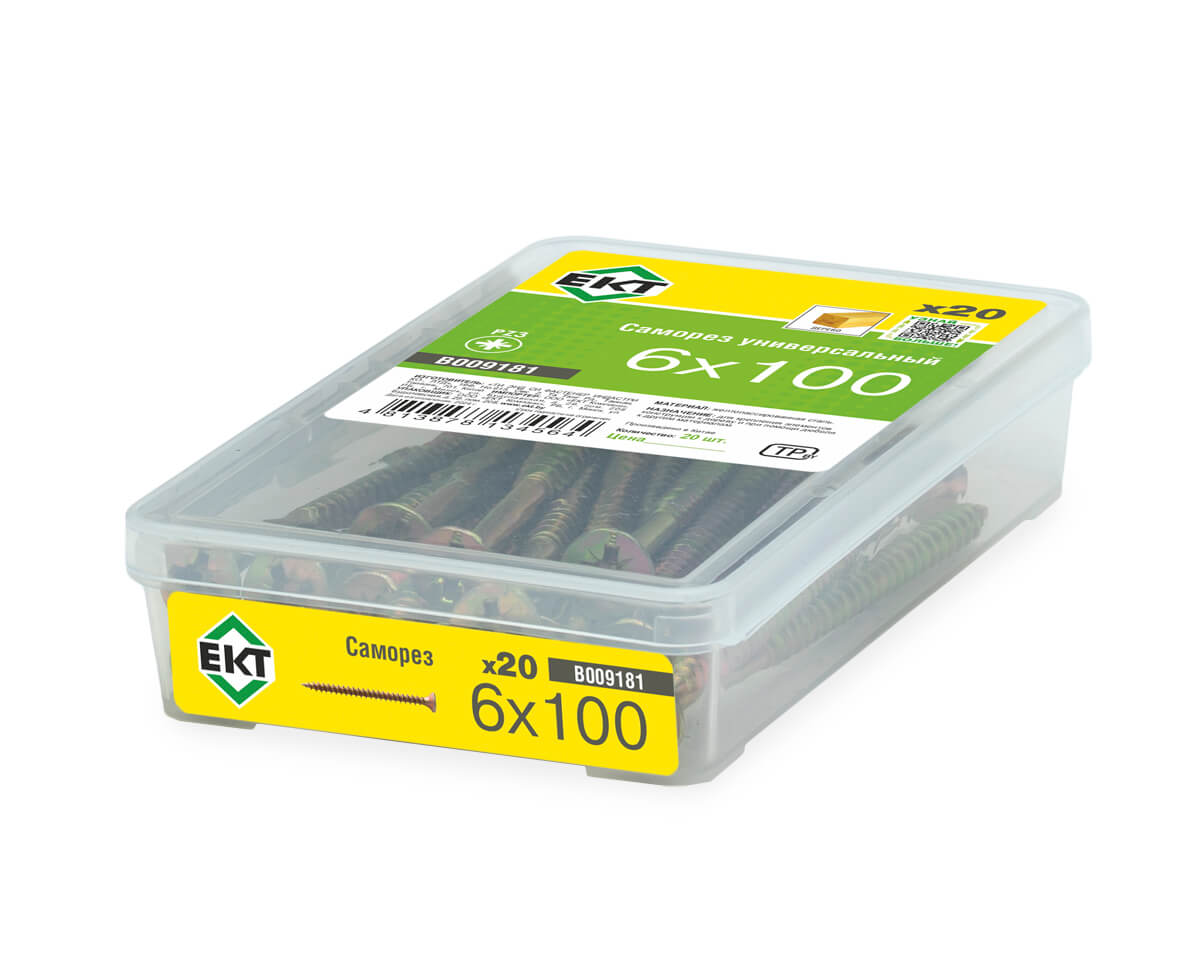 Саморез, желтый цинк 6,0х100 в пласт. контейнере (упак/20шт)