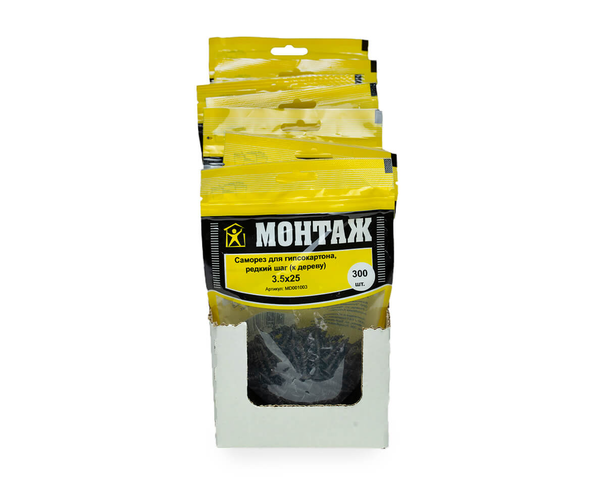 Саморез для гипсокартона 3.5x25, редкий шаг (к дереву), фосфат, дой-пак M, МОНТАЖ (пакет/300шт)