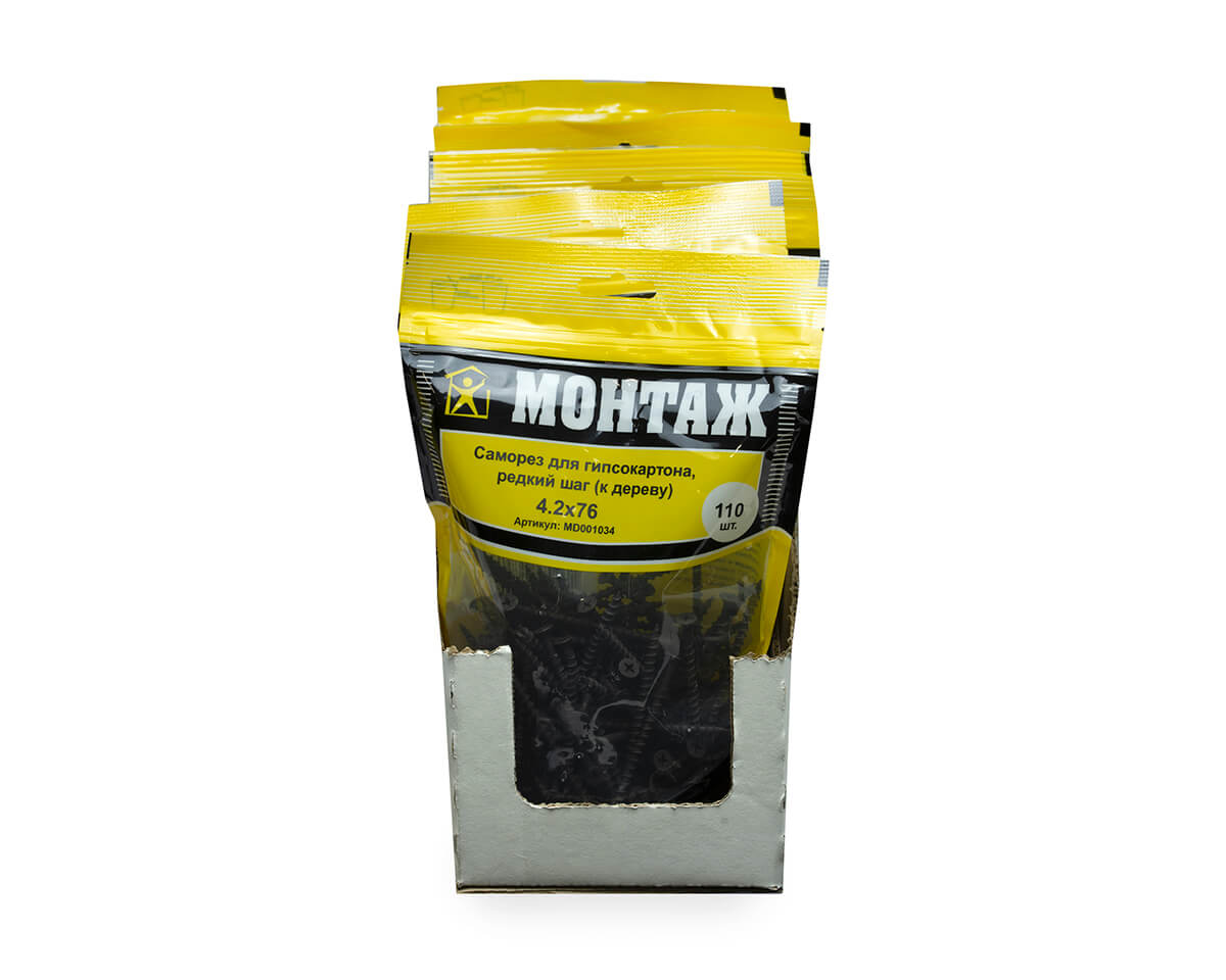 Саморез для гипсокартона 4.2x76, редкий шаг (к дереву), фосфат, дой-пак L, МОНТАЖ (пакет/110шт)