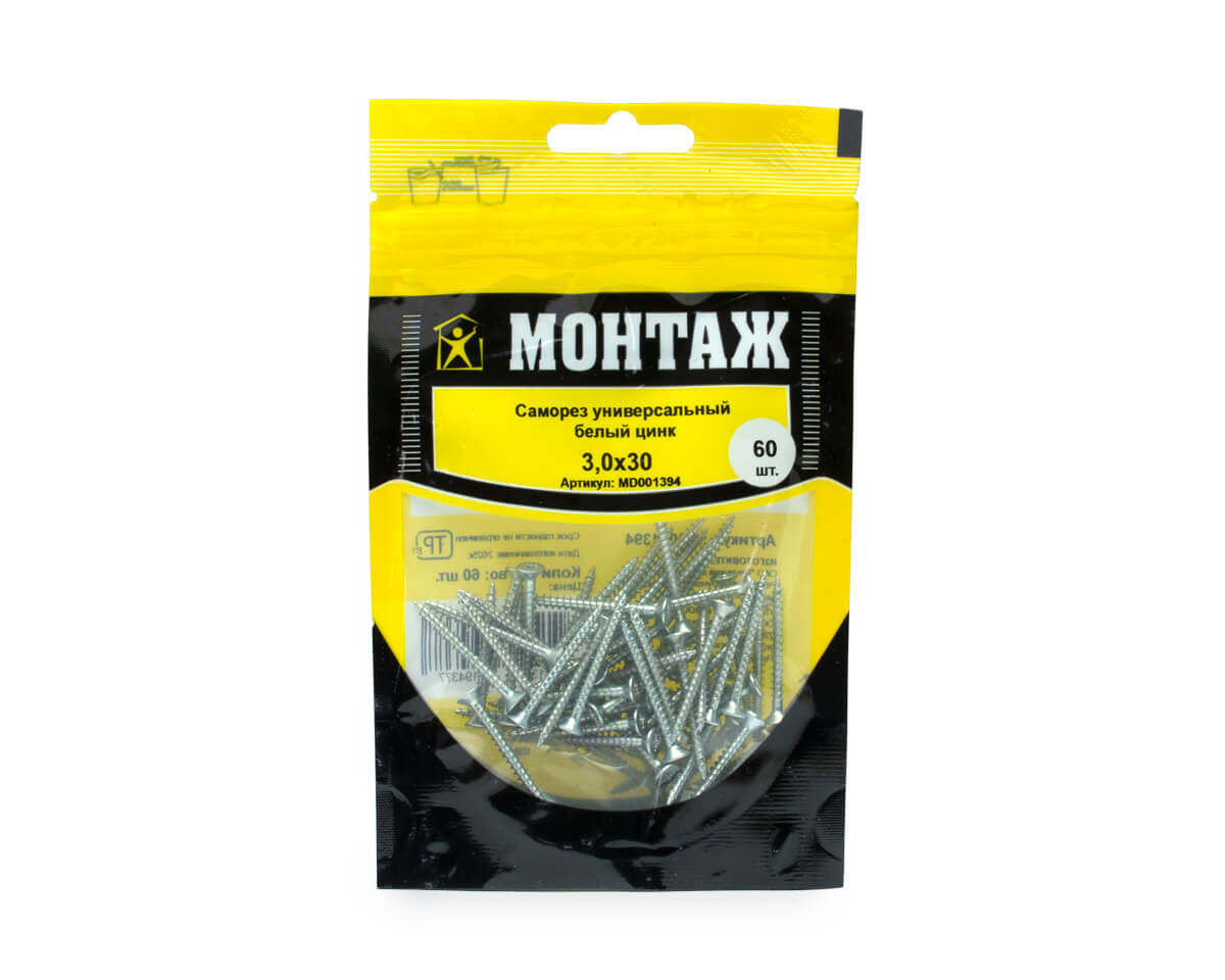 Саморез универсальный 3.0x30, белый цинк, дой-пак S, МОНТАЖ (пакет/60шт)