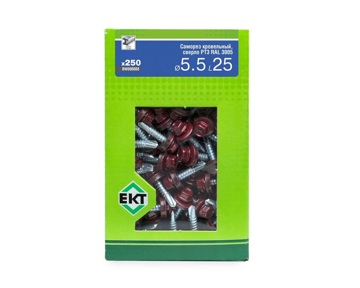 Саморез кровельный с резин. прокл. 5.5х25 сверло PT3, RAL 3005, в коробке с окном, ЕКТ (упак/250шт)