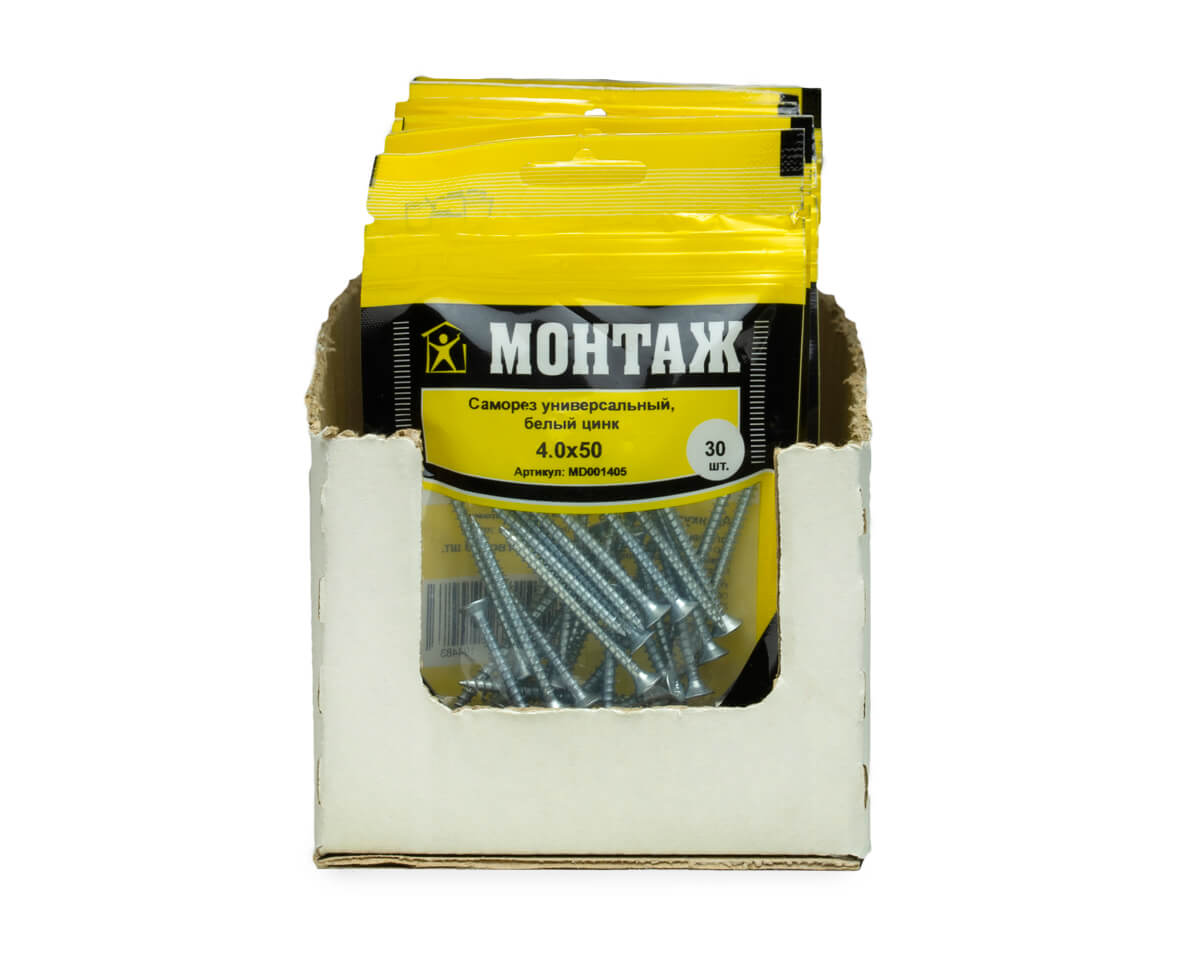 Саморез универсальный 4.0x50, белый цинк, дой-пак S, МОНТАЖ (пакет/30шт)